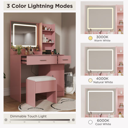 Lavin Pink Makeup Vanity Set with LED Mirror, Charging Station, Stool, 2 Drawers, Open Shelves & Storage Cabinet