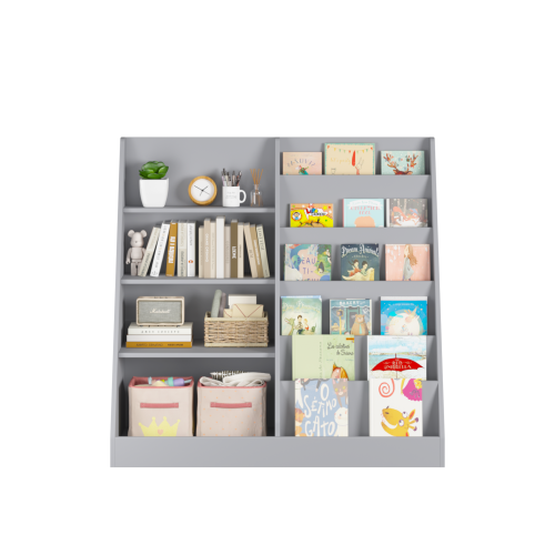 Gray 4-Tier Multi-functional Kids MDF Bookshelf, 2-Shelf 1-Bin Toddler Playroom Storage Organizer