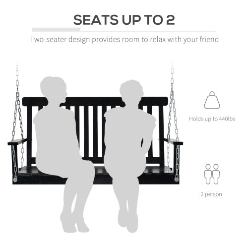 Outsunny 2-Seater Hanging Porch Swing Outdoor Patio Swing Chair Seat with Slatted Build and Chains, 440lbs Weight Capacity, Black