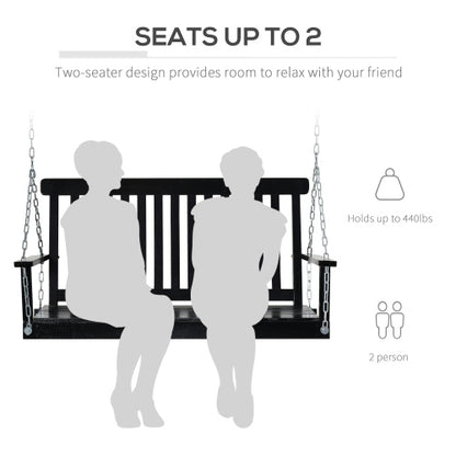 Outsunny 2-Seater Hanging Porch Swing Outdoor Patio Swing Chair Seat with Slatted Build and Chains, 440lbs Weight Capacity, Black