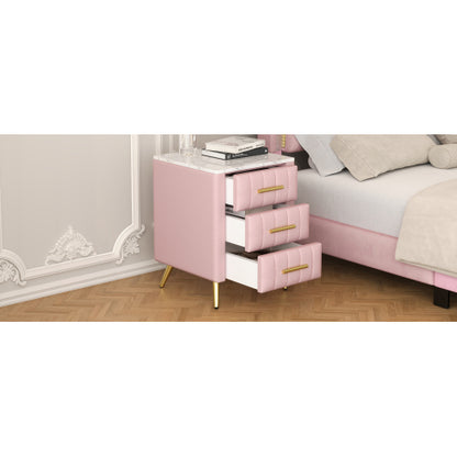 Upholstered Wooden Nightstand with 3 Drawers and Metal Legs&Handles, Bedside Table with Marbling Stickers Worktop - Pink