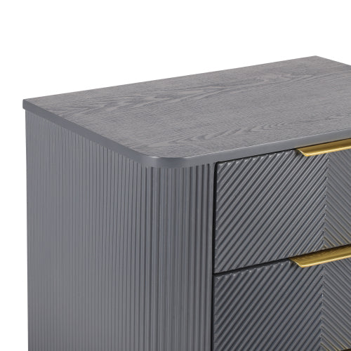 Mid-Century Fluted 3 Drawers Nightstand, Bedside Table with Curved Profile Design and Wide Gold Glossy Handles, End Table for Living Room, Bedroom, Easy Assembly, Dark Gray