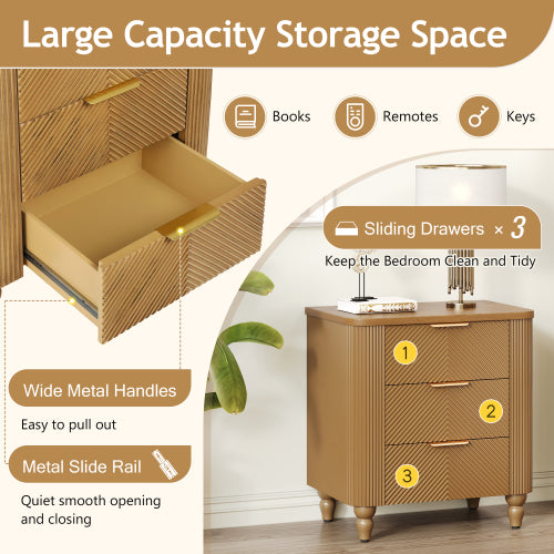 Mid-Century Fluted 3 Drawers Nightstand, Bedside Table with Curved Profile Design and Wide Gold Glossy Handles, End Table for Living Room, Bedroom, Easy Assembly, Natural