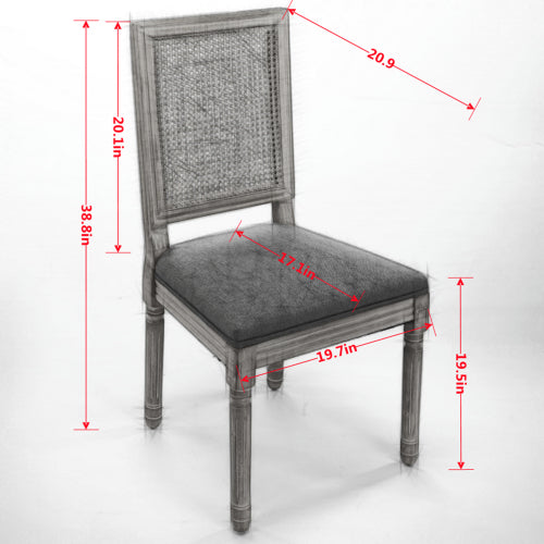 Set of 2 Gray French Louis Square Rattan Back Carved Solid Wood Dining Chairs, Antique Paint Frame 300 LBS Capacity