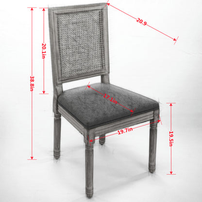 Set of 2 Gray French Louis Square Rattan Back Carved Solid Wood Dining Chairs, Antique Paint Frame 300 LBS Capacity