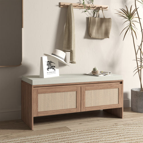 PP Rattan Storage Bench with Cushion, Faux Rattan Shoe Cabinet with 2 Doors, Mid-Century Modern Wood Entryway Seat, for Bedroom, Hallway, Mudroom, Natural Finish
