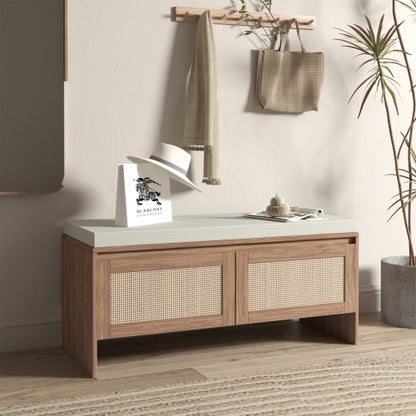 PP Rattan Storage Bench with Cushion, Faux Rattan Shoe Cabinet with 2 Doors, Mid-Century Modern Wood Entryway Seat, for Bedroom, Hallway, Mudroom, Natural Finish