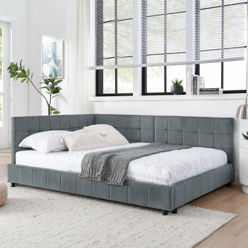 Full Size Upholstered Tufted Bed Frame, Sofa Bed Frame with Comfortable Backrest and Armrests, Full Size Bed for Bedroom, Living Room,Velvet, Grey(80.5inch *59inch *30.5inch )