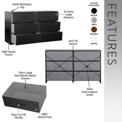 6-Drawer Dresser with Large Fabric Drawers, Black