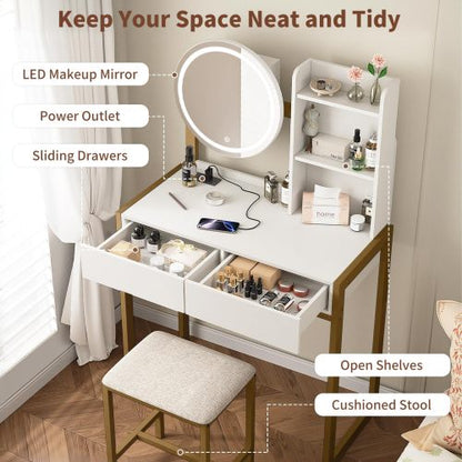 White & Gold Small Vanity Desk with LED Mirror, 3 Lighting Modes, Power Outlet, Drawer, Open Shelves & Cushioned Stool