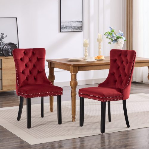 Set of 2 Burgundy Velvet Dining Chairs, Solid Wood Tufted Chairs with Triple Elastic Cushion