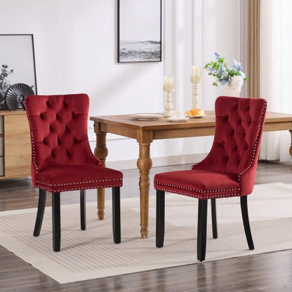 Set of 2 Burgundy Velvet Dining Chairs, Solid Wood Tufted Chairs with Triple Elastic Cushion