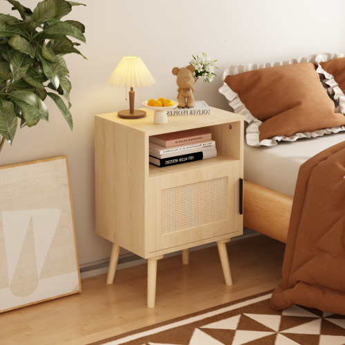22.83'' H Rattan Nightstand, Side Table with Door Open Shelf,  Accent Bedside End Table with Solid Wood Legs for Bedroom, Dorm and Small Spaces, Oak