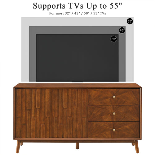 56 Inch Walnut Brown Mid Century TV Stand Sideboard with 3 Drawers & Double Door Storage Cabinet