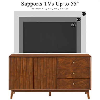 56 Inch Walnut Brown Mid Century TV Stand Sideboard with 3 Drawers & Double Door Storage Cabinet
