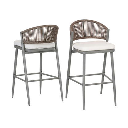 Outdoor 30.25" Seat Height Metal Frame Barstools with PE Rattan Scallop-shaped Backrest, Set of 2, Matte Grey