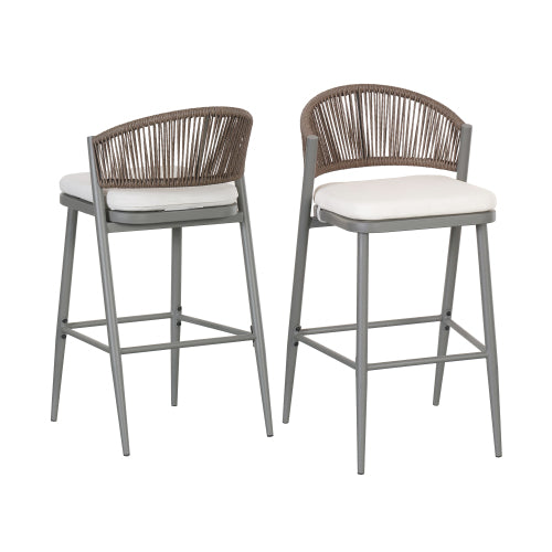 Outdoor 30.25" Seat Height Metal Frame Barstools with PE Rattan Scallop-shaped Backrest, Set of 2, Matte Grey