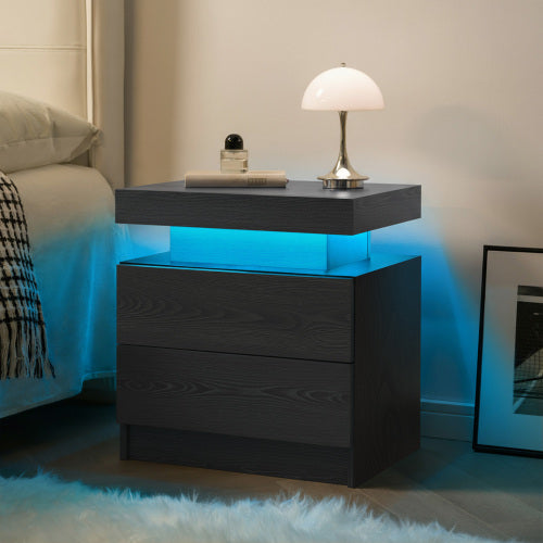 Nightstand LED Bedside Table Cabinet Lights Modern End Side with 2 Drawers for Bedroom (Black Woodgrain)
