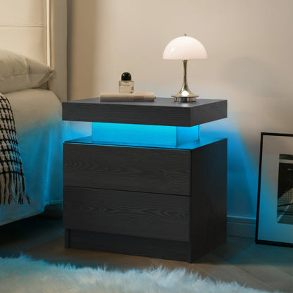 Nightstand LED Bedside Table Cabinet Lights Modern End Side with 2 Drawers for Bedroom (Black Woodgrain)