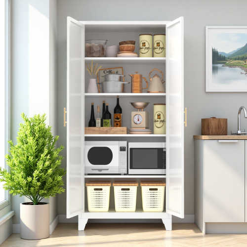 Tall Metal Storage Cabinet with Adjustable Shelves for Kitchen Bedroom Office White