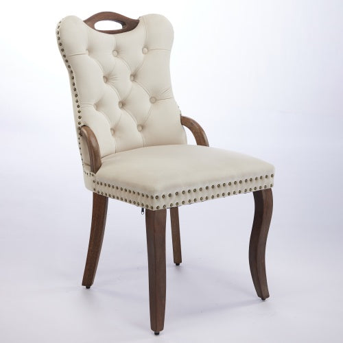 Set of 2 Beige Hand Tufted Velvet Dining Chairs, Solid Wood Handles Vintage Copper Nail Curved Wood Legs