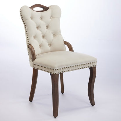 Set of 2 Beige Hand Tufted Velvet Dining Chairs, Solid Wood Handles Vintage Copper Nail Curved Wood Legs
