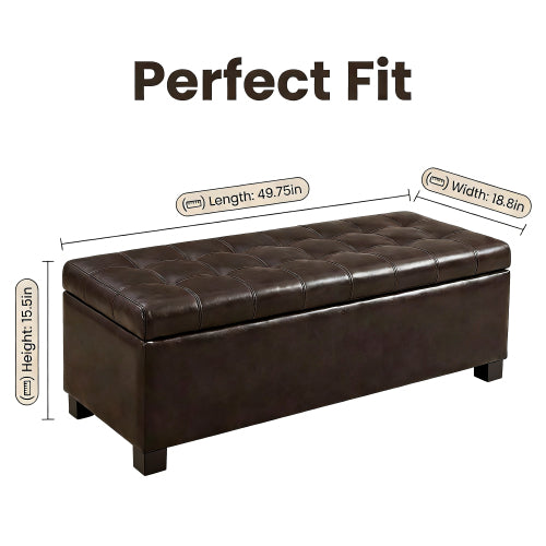 49.75 inch Brown Synthetic Leather Tufted Storage Ottoman Bench, 300 LBS Wooden Leg Entryway Footrest with Safety Hinge
