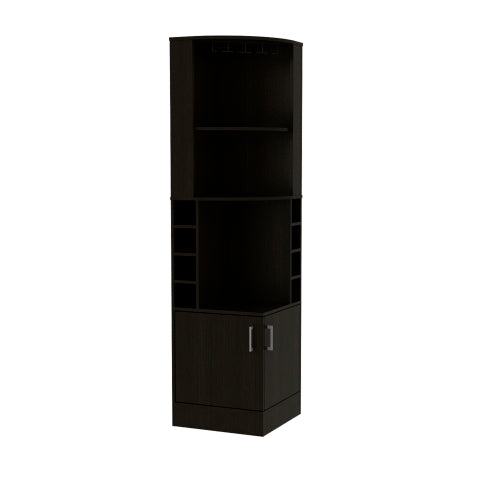Corner Bar Cabinet, Eight Bottle Cubbies, Double Door, Two Open Shelves -Black