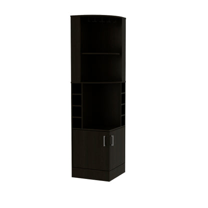 Corner Bar Cabinet, Eight Bottle Cubbies, Double Door, Two Open Shelves -Black