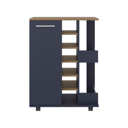 Bar Cart, Two External Shelves, Four Casters, Six Built-In Wine Rack, Single Door Cabinet, Natural Oak, Blue