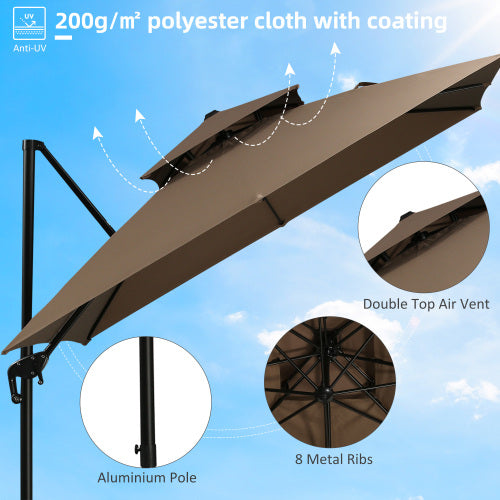 Outsunny 10ft Offset Patio Umbrella with Base, Double Top Hanging Aluminum Cantilever Umbrella with 360-degree Rotation, Easy Tilt, 8 Ribs, Crank, Cross Base, Cover, Strap, Coffee