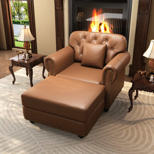 41.3 Inch Brown Mid-Century Faux-Leather Sofa Nailhead Trim Button Tufted with 1 Pillow