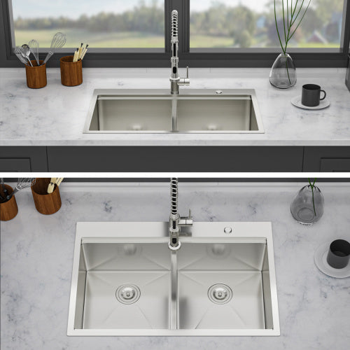 Topmount Drop in Kitchen Sink - 33"x 22" x 10" Double Bowl (60/40) Kitchen Sink 16 Gauge with Two 10" Deep Basin, Brushed Nickel