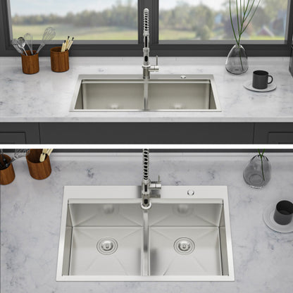 Topmount Drop in Kitchen Sink - 33"x 22" x 10" Double Bowl (60/40) Kitchen Sink 16 Gauge with Two 10" Deep Basin, Brushed Nickel