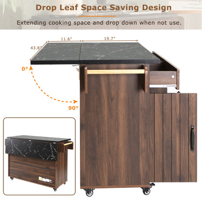 Walnut Brown Rolling Kitchen Island Cart With Trash Can Storage