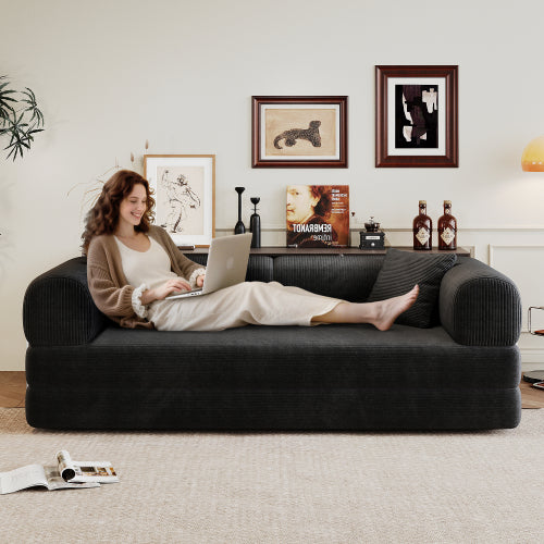 78.8 inch  Black Boneless Corduroy Convertible Compressed Floor Sofa Bed, No Assembly