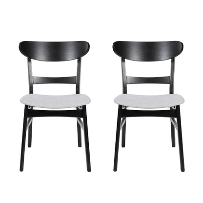 Set of 2 Mid-Century Dining Chairs, Black Rubberwood Splayed Legs with Light Beige Upholstered Cushion