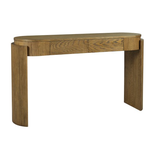 Entryway Table with Natural Wood Grain Finish, Console Table with Fluted Design, Oval Top and 2 Drawers for Entryway and Living Room (Pine Wood)