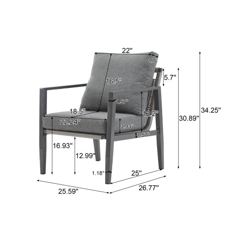 Gray Aluminum Lounge Chair with Sleek Rope Accents and Comfortable Cushions, Perfect for Modern Outdoor and Indoor Spaces