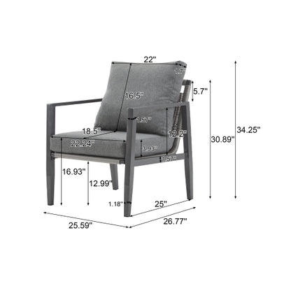 Gray Aluminum Lounge Chair with Sleek Rope Accents and Comfortable Cushions, Perfect for Modern Outdoor and Indoor Spaces