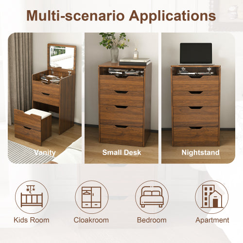 Walnut 3?in?1 Flip?Top Lighted Vanity Desk 18.9 inch L, Shatter?Proof HD Mirror, Storage Stool