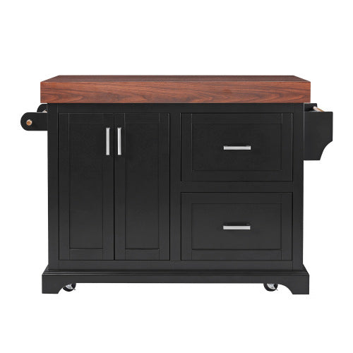 53 Inch Rolling Kitchen Island with Thick Top Drawers & Spice Rack Black