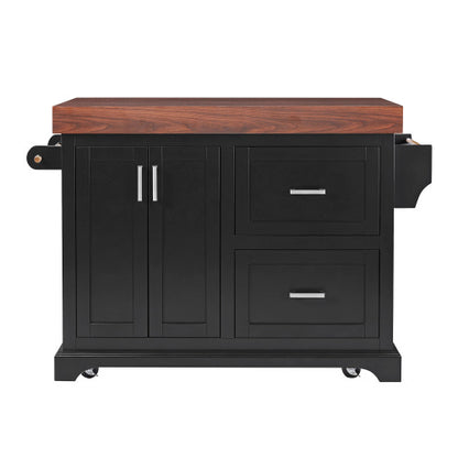 53 Inch Rolling Kitchen Island with Thick Top Drawers & Spice Rack Black