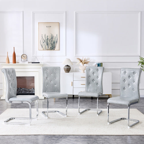 Set of 2 Retro Alligator Skin Faux Leather Dining Chairs, Crystal Buckle Design with Electroplated Metal Bow Legs