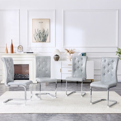 Set of 2 Retro Alligator Skin Faux Leather Dining Chairs, Crystal Buckle Design with Electroplated Metal Bow Legs