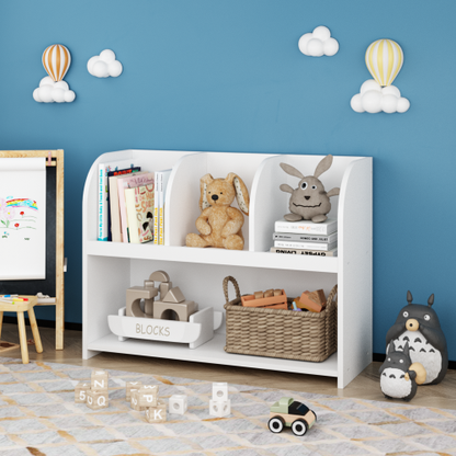 White 4-Compartment Kids Safety Bookcase, MDF Toy Storage Rack Max Load 25Lbs with Wall Buckle