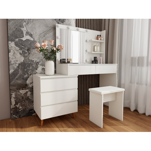 LED Lighted Makeup Vanity Table with Mirror - White Beauty Station with Storage Drawers, Matching Stool, and Organizing Compartments for Makeup Brushes and Cosmetics