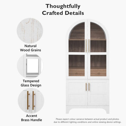 71inch  Arched Kitchen Pantry Cabinet with Glass Doors White