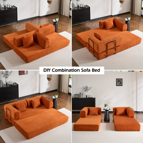 Orange Corduroy Convertible SofaBed with FixedShape Reinforced Metal Frame