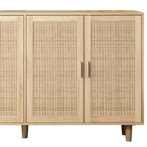 62.2 Inch Natural Rattan Four-Door Storage Cabinet Particle Board Solid Wood Leg Adjustable Shelf Household Sideboard Cabinet